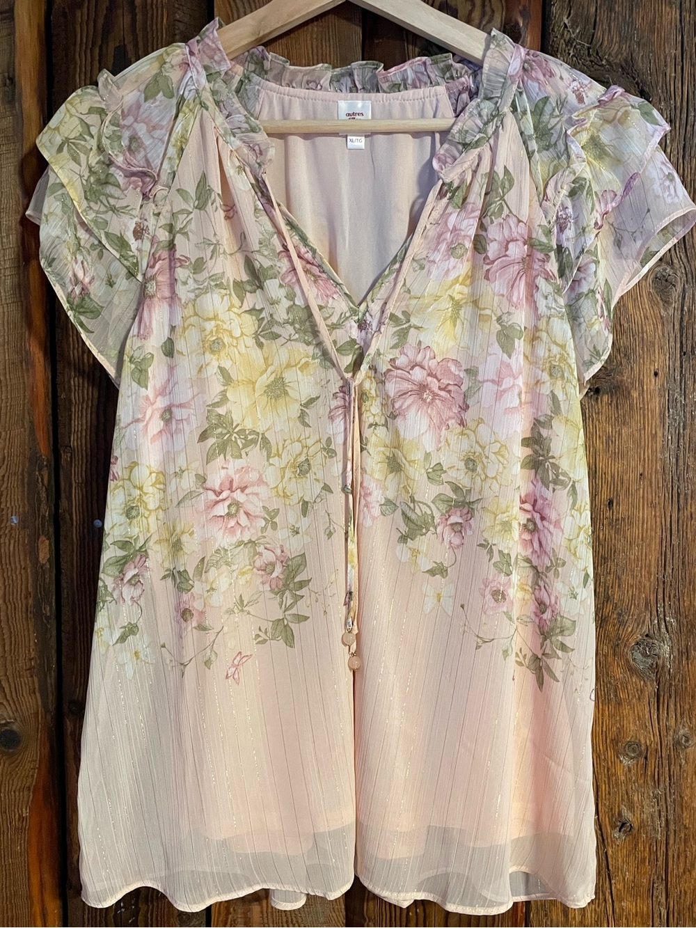 Soft Pink Floral Ruffle Neck Blouse -